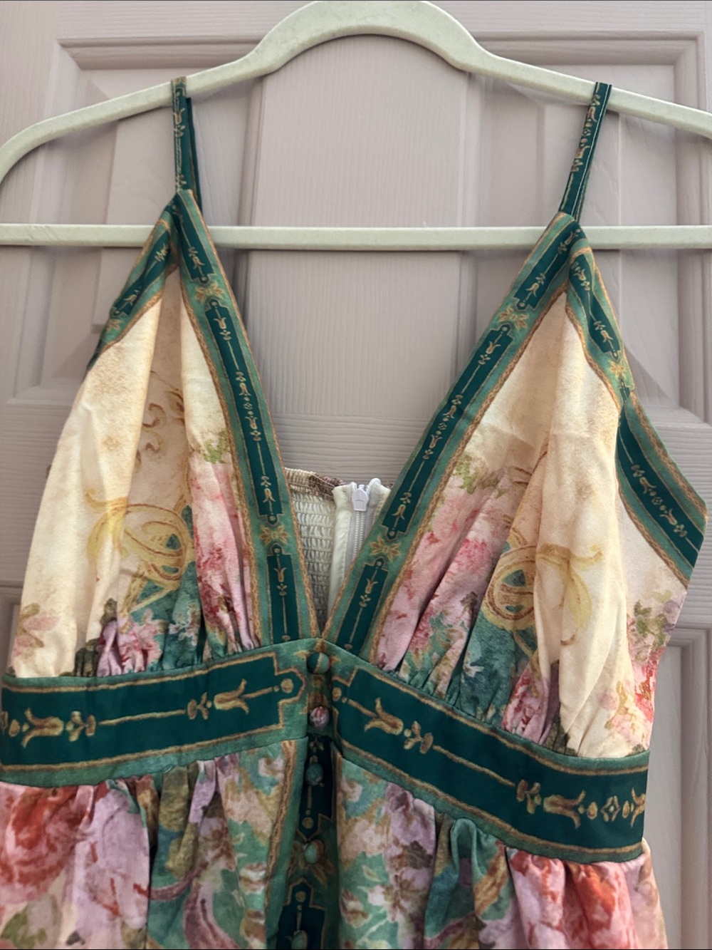 Half Heart NWOT Floral Satin Slip Dress with Green Trim - Picture 2 of 6